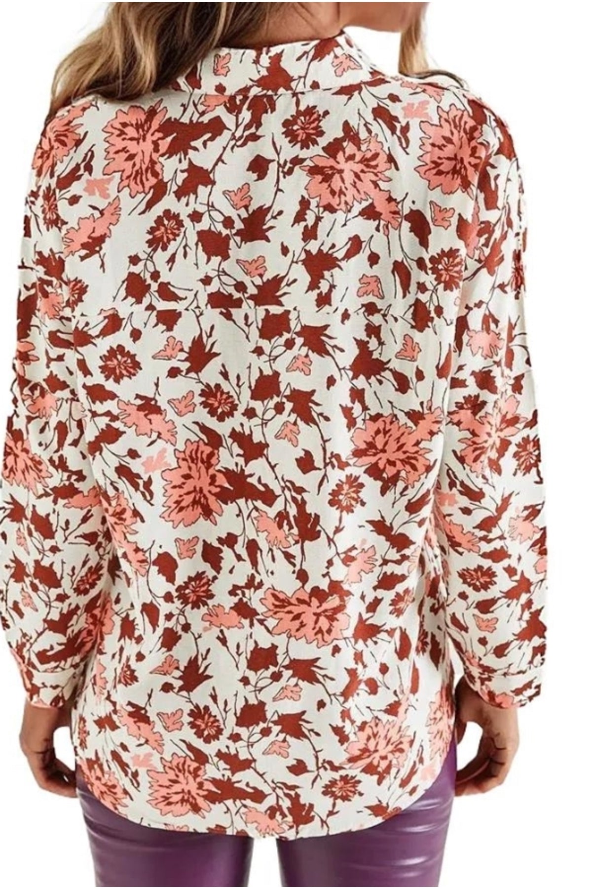 Emilia Women's Linen-Viscose Blend Oversized Printed Shirt - Burgundy Floral
