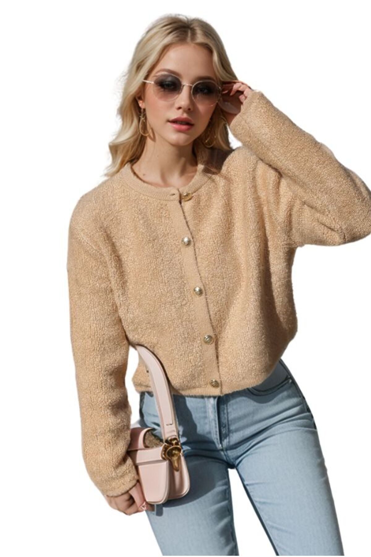 Kayla Women's Gold-Tone Button Teddy Cardigan - Beige