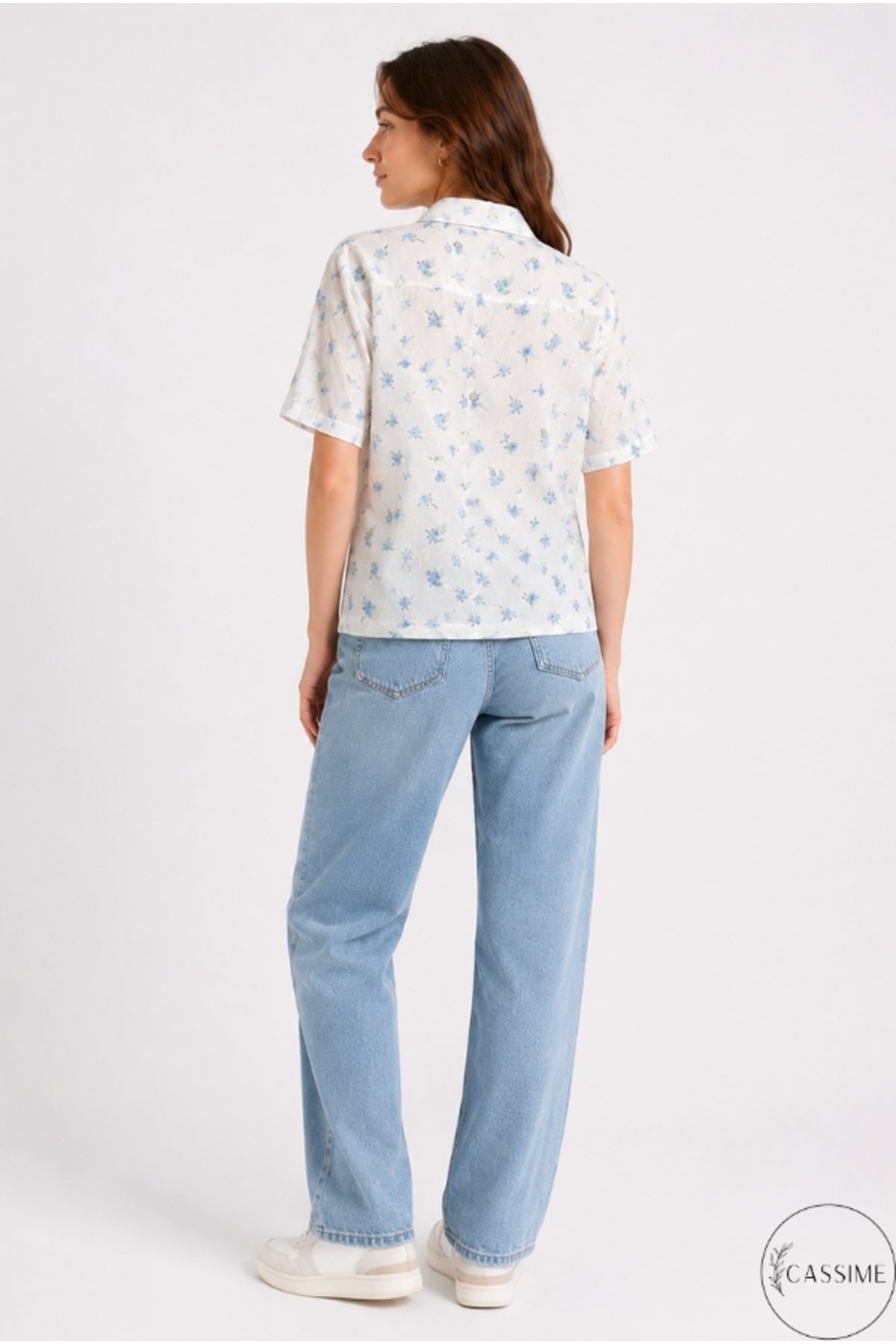 Alice Women's Cotton Floral Short Sleeve Shirt - Ecru with Blue Ditsy Flowers