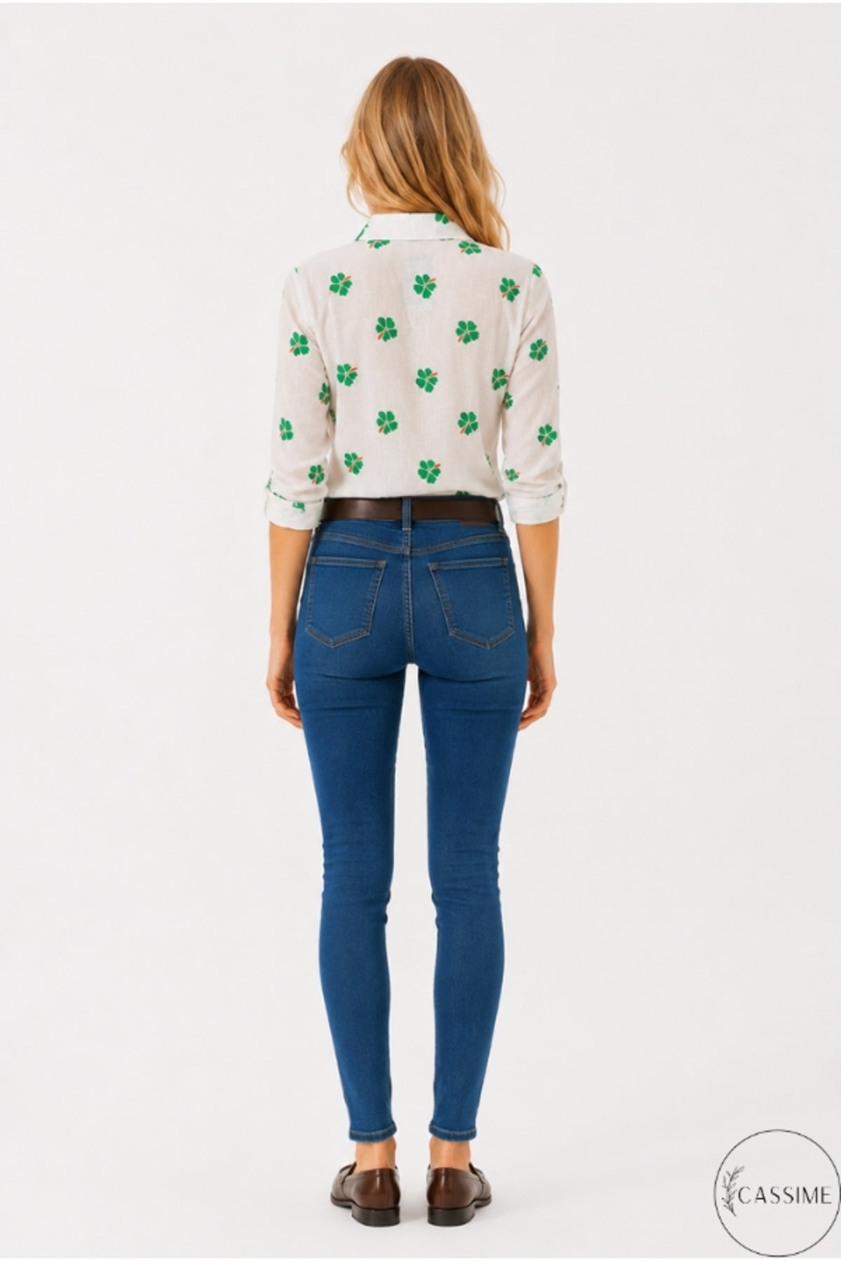 Robyn Women's Linen Blend Roll-Sleeve Button-Up Shirt - White with Green Clover Print