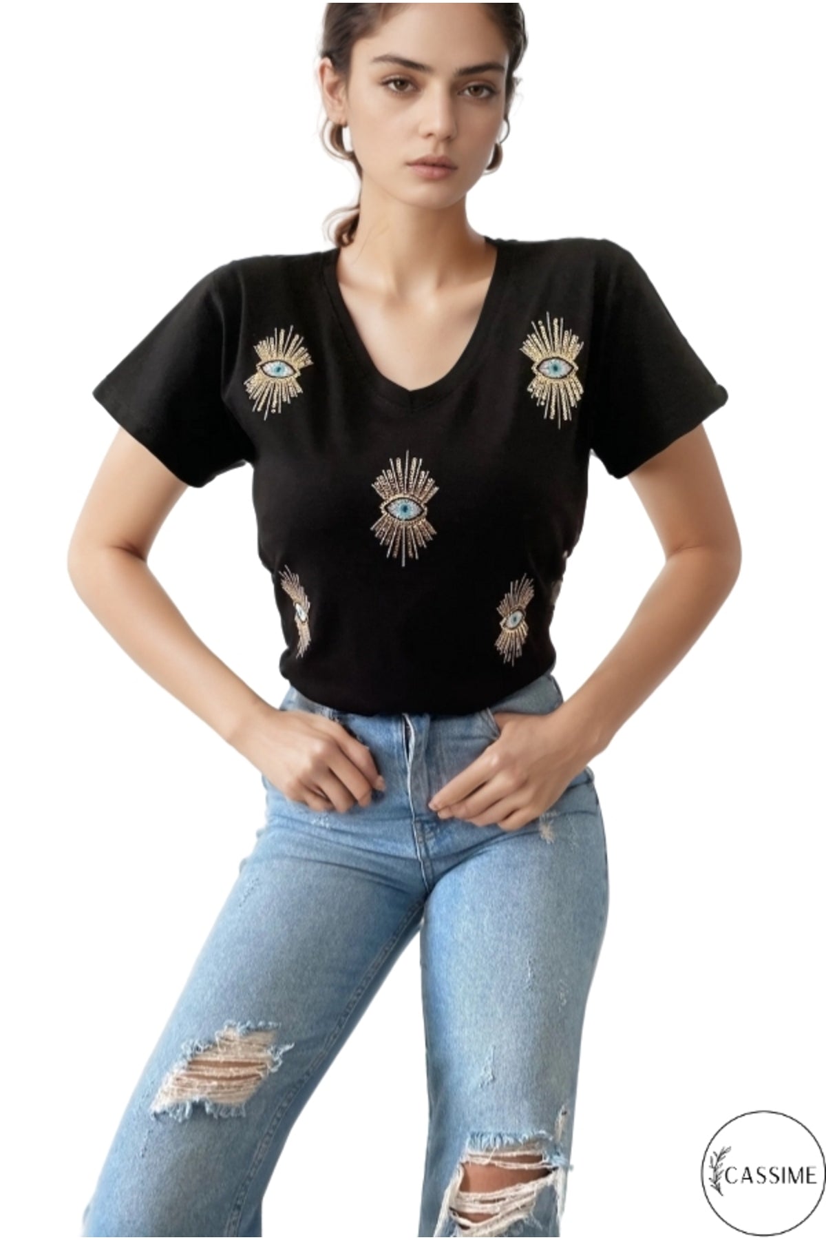 Olivia Women's Plus Size Embellished V-Neck T-Shirt - Black Evil Eye Sequin Embellishment