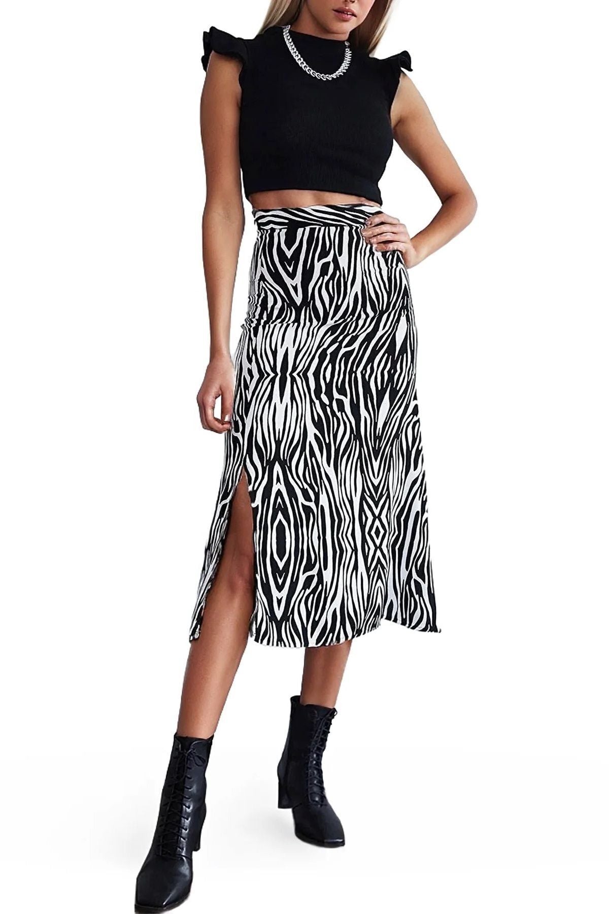 Genevieve Women's Viscose Midi Skirt with Side Slit - Black and White Zebra Print