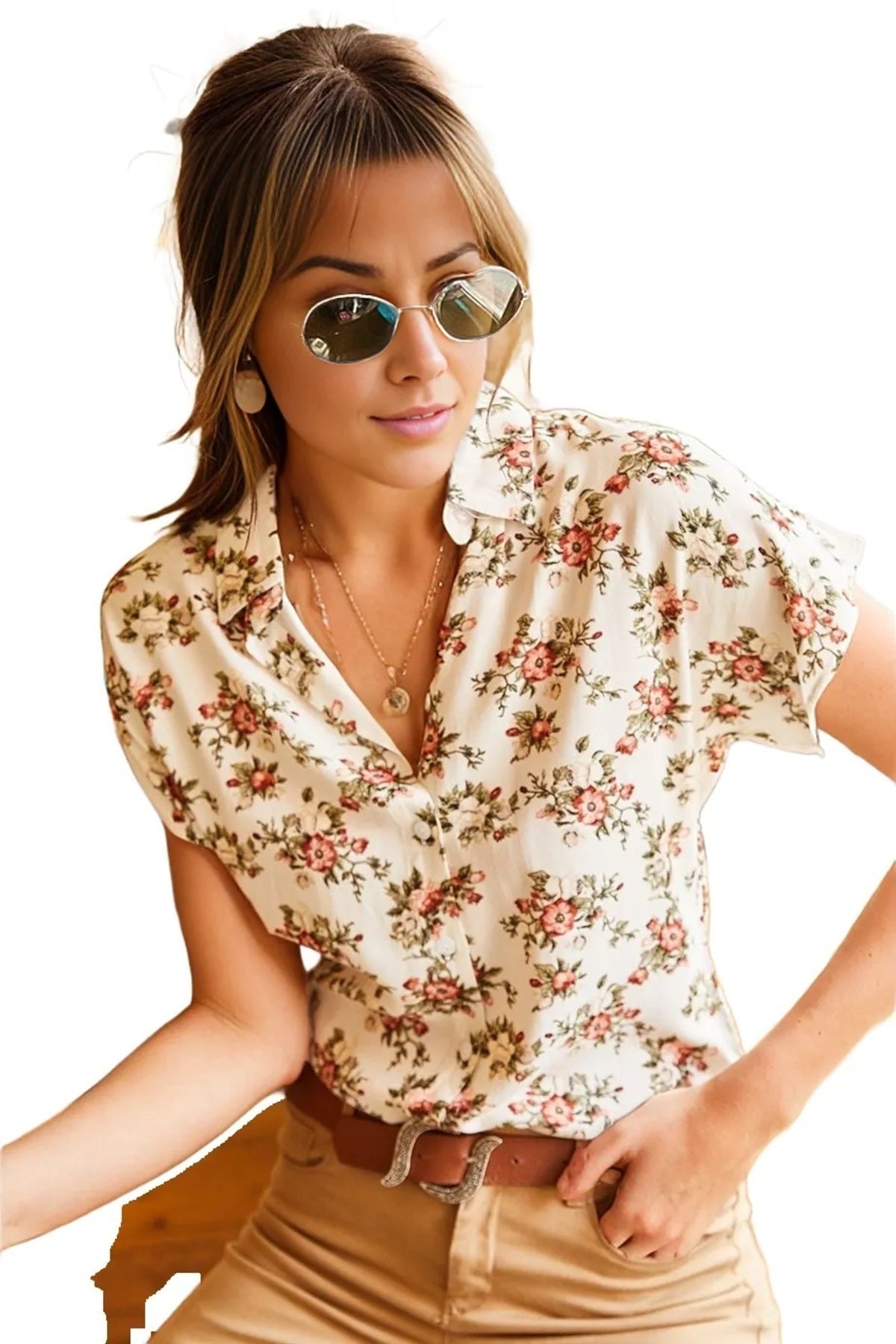 Charlotte Women's Short Sleeve Batwing Shirt - Orange Mini Floral