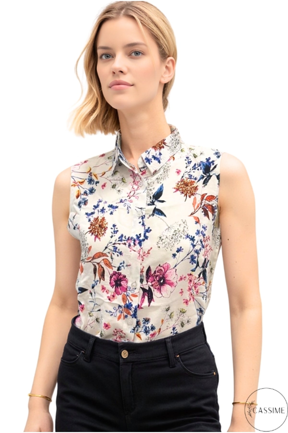 Daisy Women's Sleeveless Button-Up Shirt - Ecru and Purple Floral