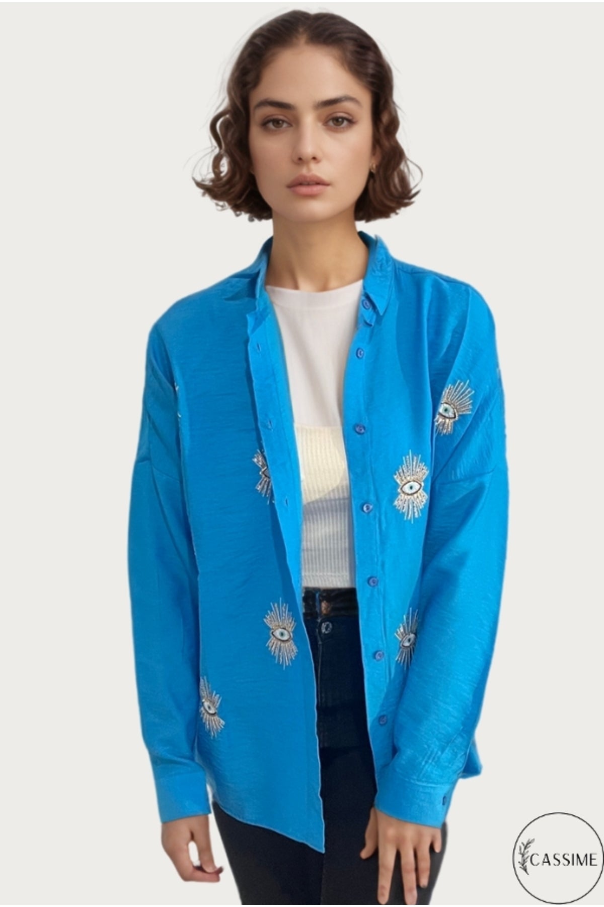 Delilah Women's Cotton Oversized Embellished Long Sleeve Shirt - Turquoise