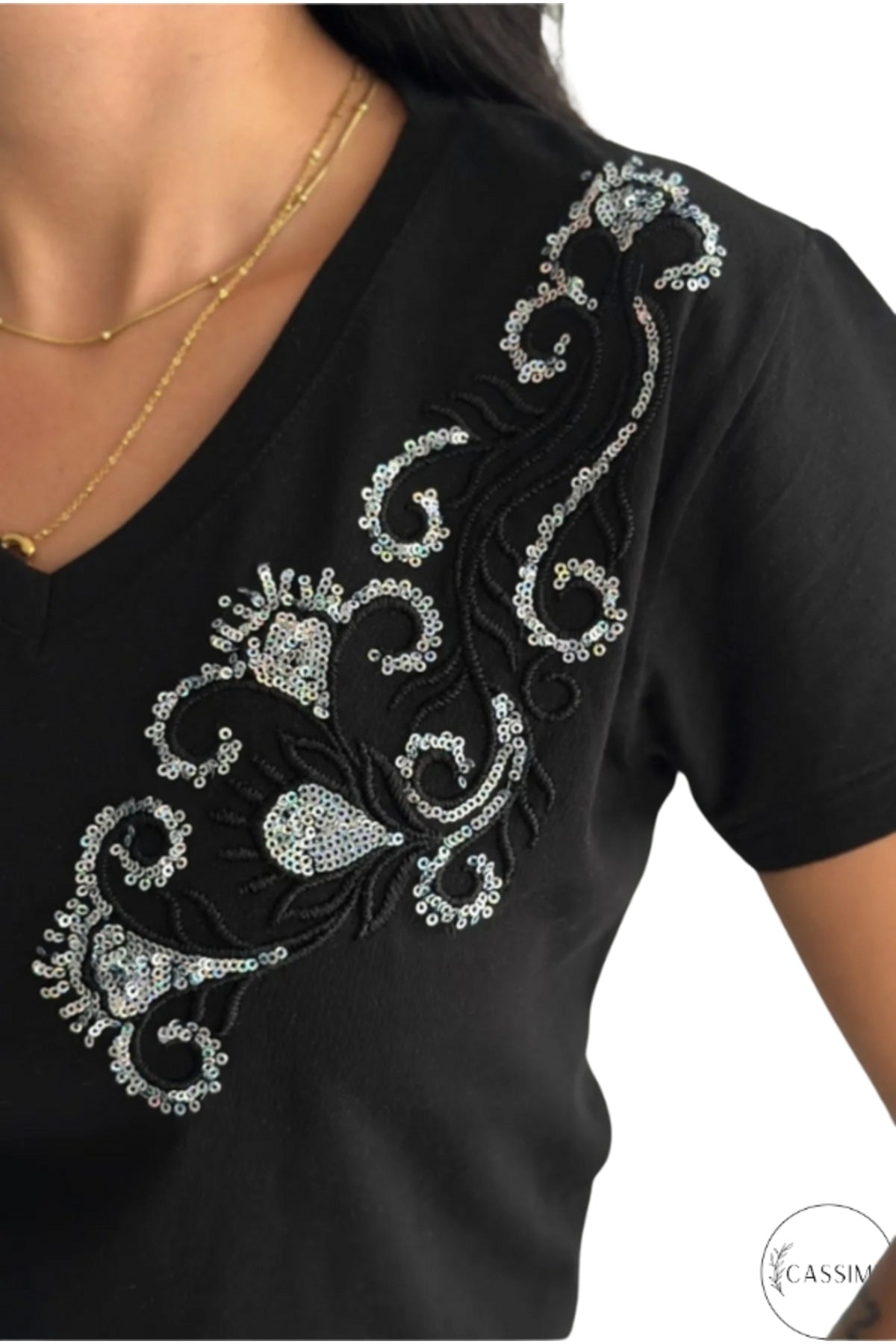 Olivia Women's Cotton Plus Size Embellished V-Neck T-Shirt - Black with Branch Shoulder Embroidery