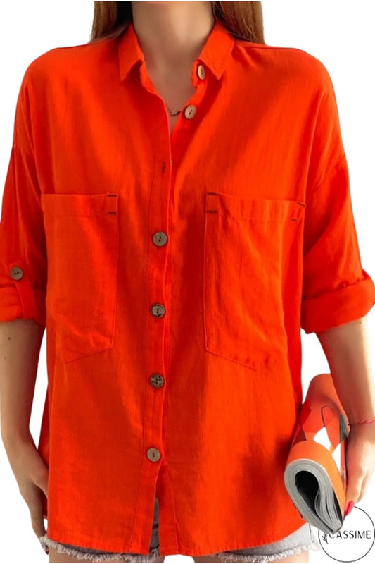 Jasmine Women's Cotton-Linen Blend Oversized Longline Button-Up Shirt - Orange