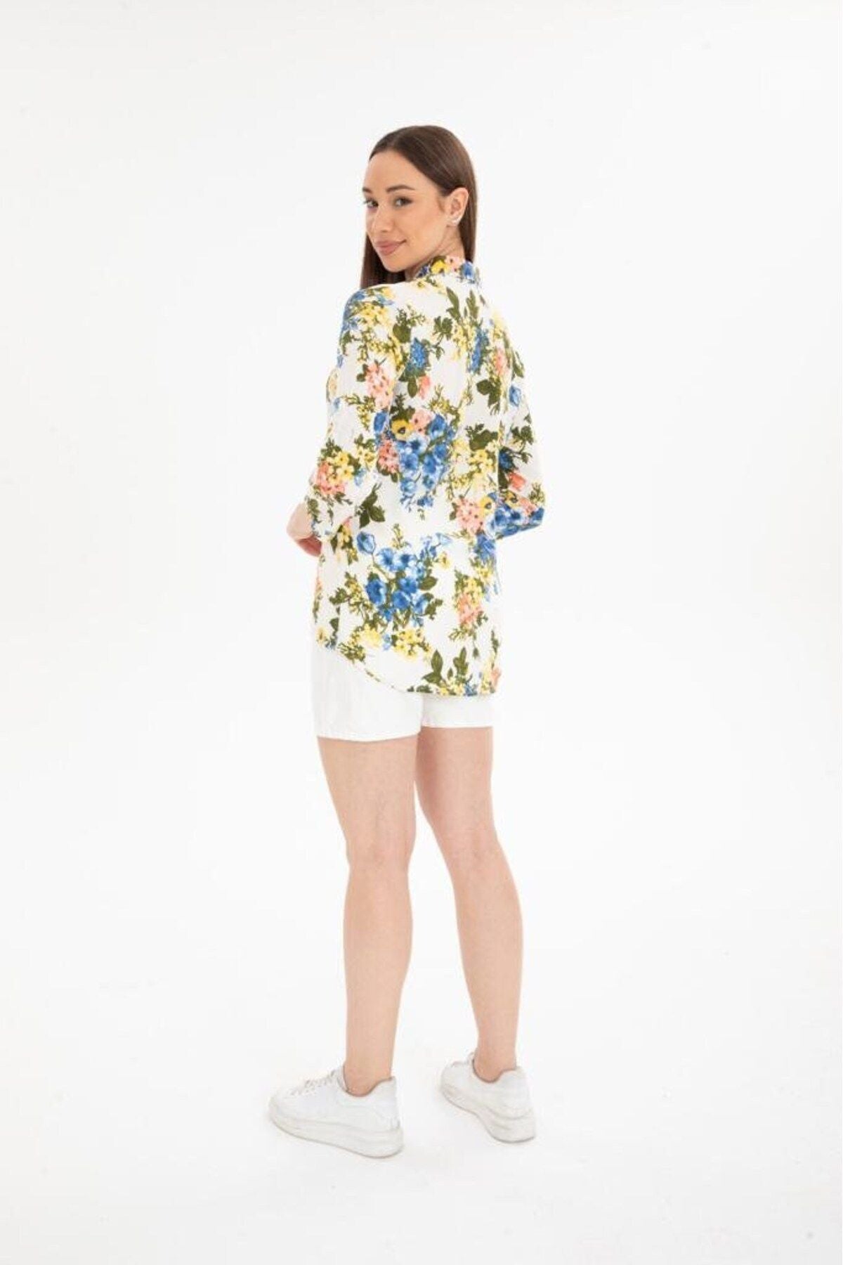 Amelia Women's Viscose Long Sleeve Button-Up Shirt - Ecru Bright Multicolor Floral