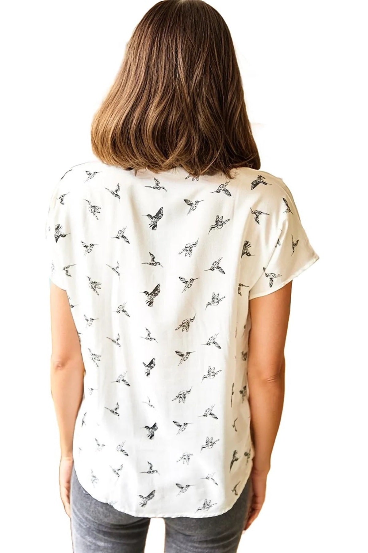 Charlotte Women's Cotton-Linen Blend Short Sleeve Batwing Shirt - White Bird Print