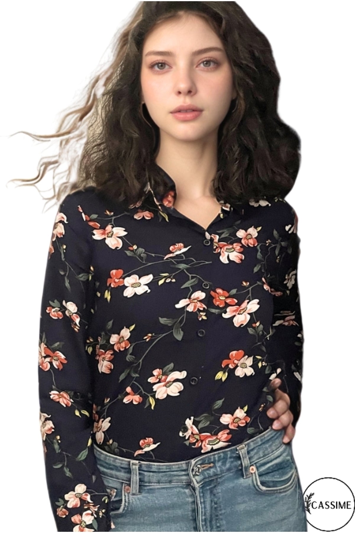 Amelia Women's Long Sleeve Button-Up Shirt - Navy Multicolor Floral