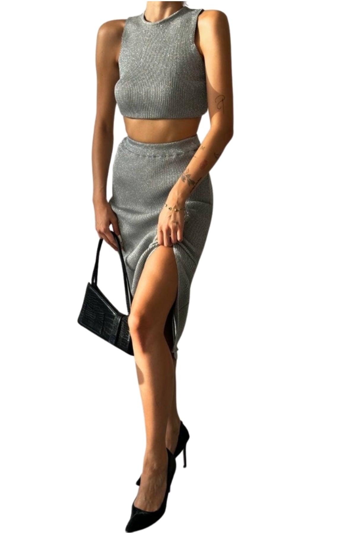 Willa Women's Ribbed Knit Crop Top and Skirt Set - Gray