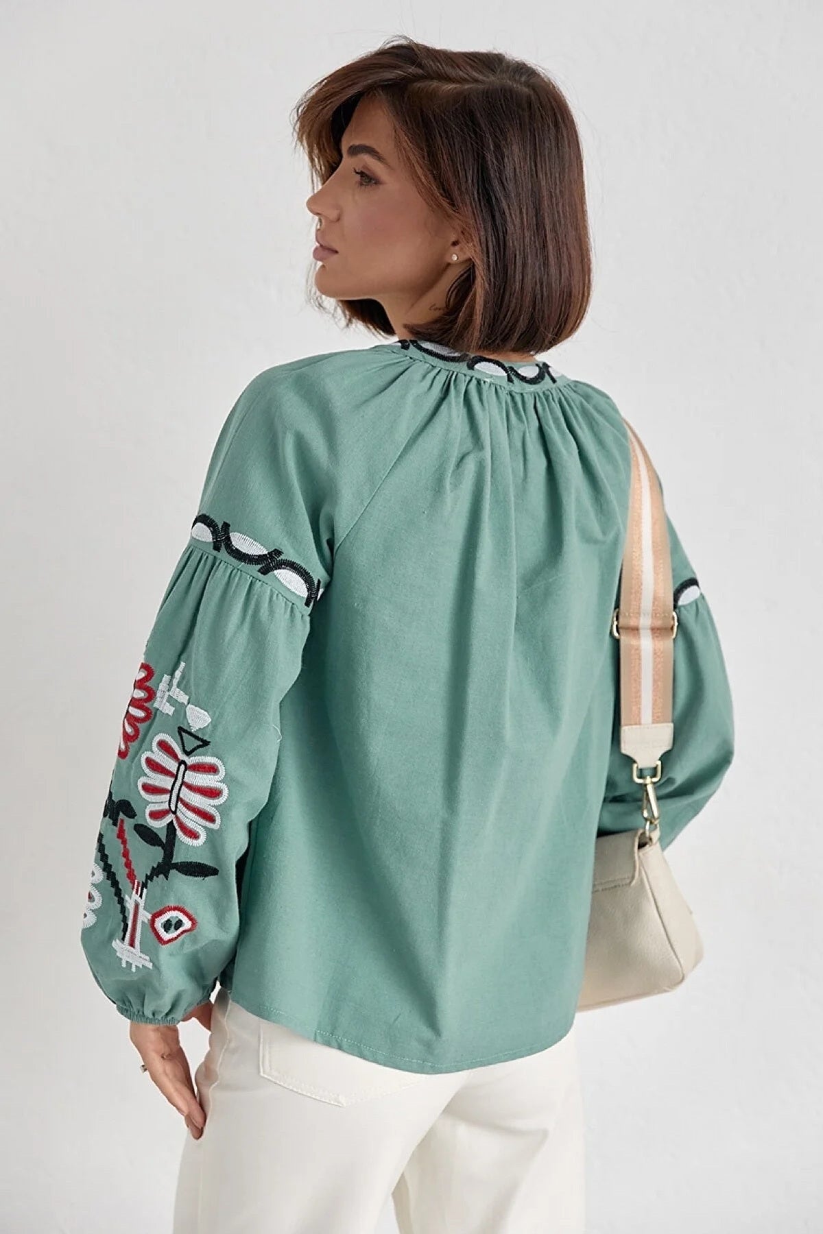 Rosa Women's Cotton Embroidered Long Sleeve Tie Blouse - White with Light Green Embroidery