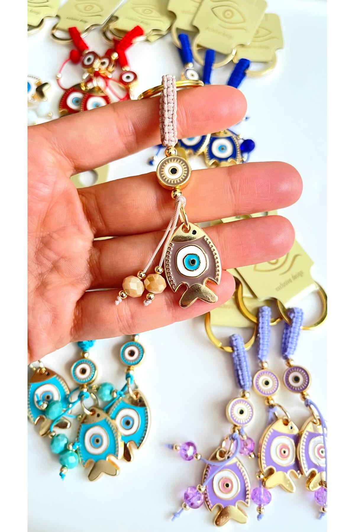 Ivy Gold-Plated Evil Eye Keychain - Beige Fish Design