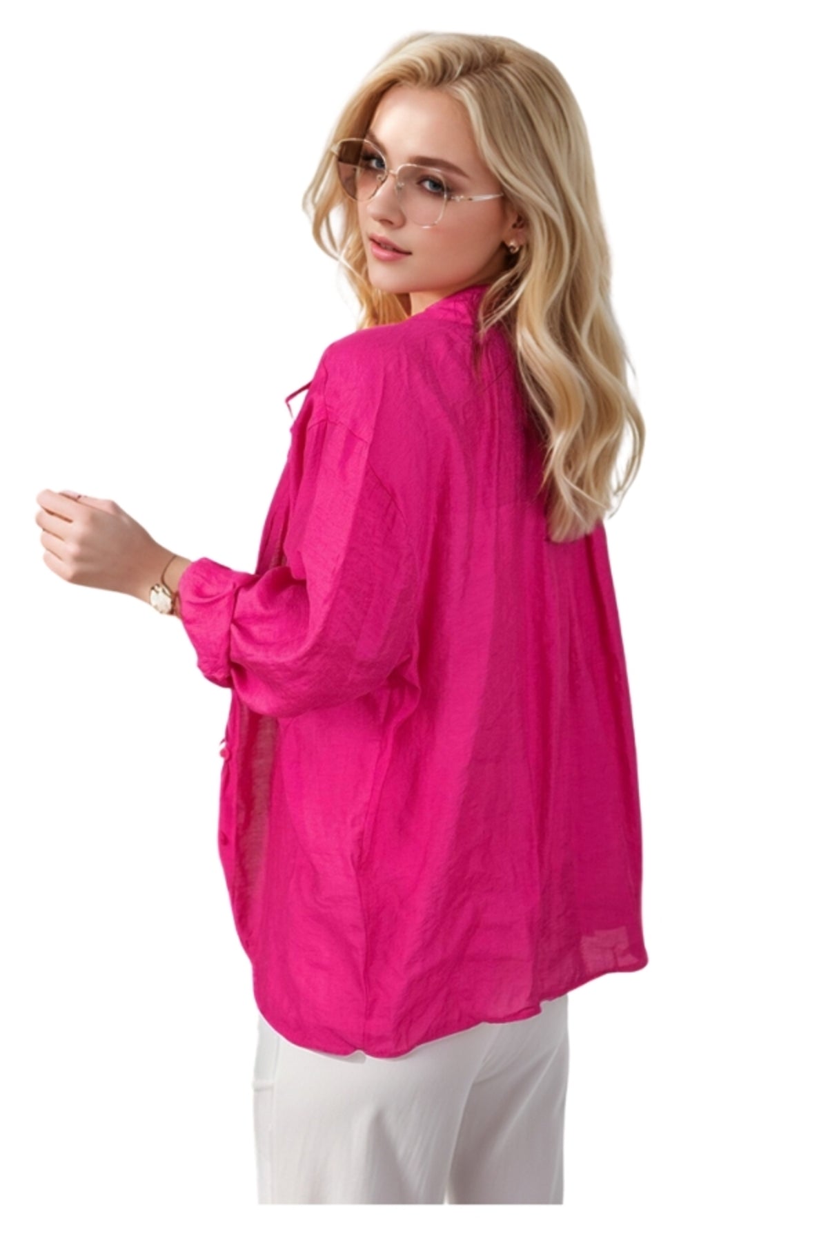Georgia Women's Oversized Long Sleeve Shirt - Fuchsia and Pink