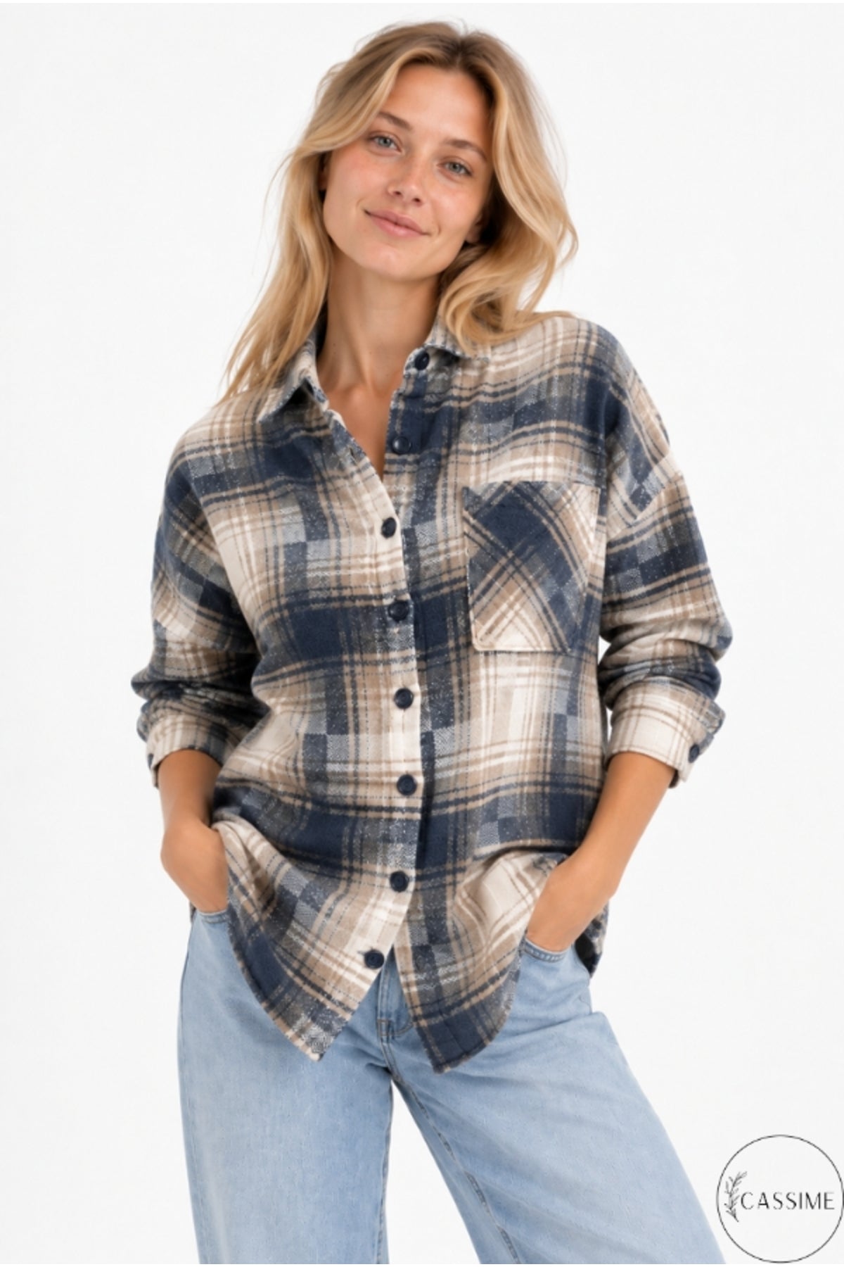 Eleanor Women's Plaid Shacket - Navy and Brown Ecru