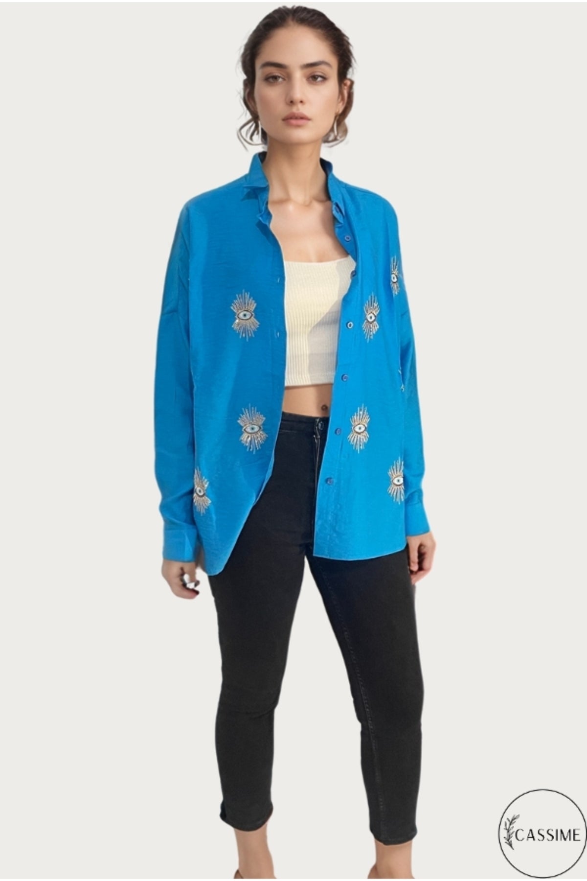 Delilah Women's Cotton Oversized Embellished Long Sleeve Shirt - Turquoise