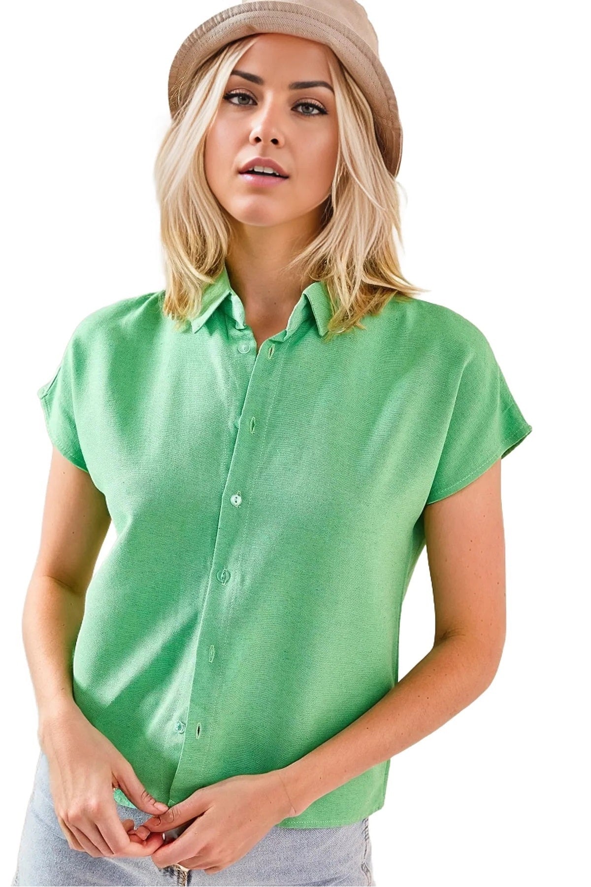 Freya Women's Linen-Viscose Blend Short Sleeve Batwing Shirt - Pistachio Green
