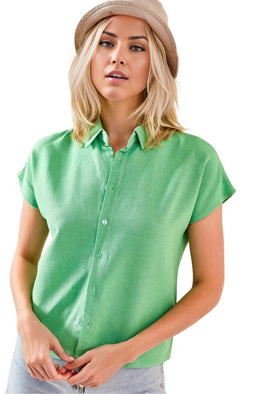 Freya Women's Linen-Viscose Blend Short Sleeve Batwing Shirt - Pistachio Green