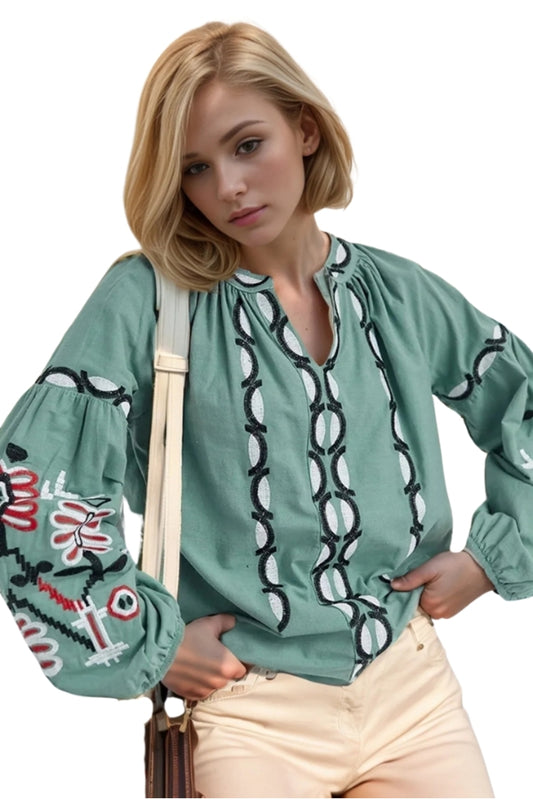 Rosa Women's Cotton Embroidered Long Sleeve Tie Blouse - White with Light Green Embroidery