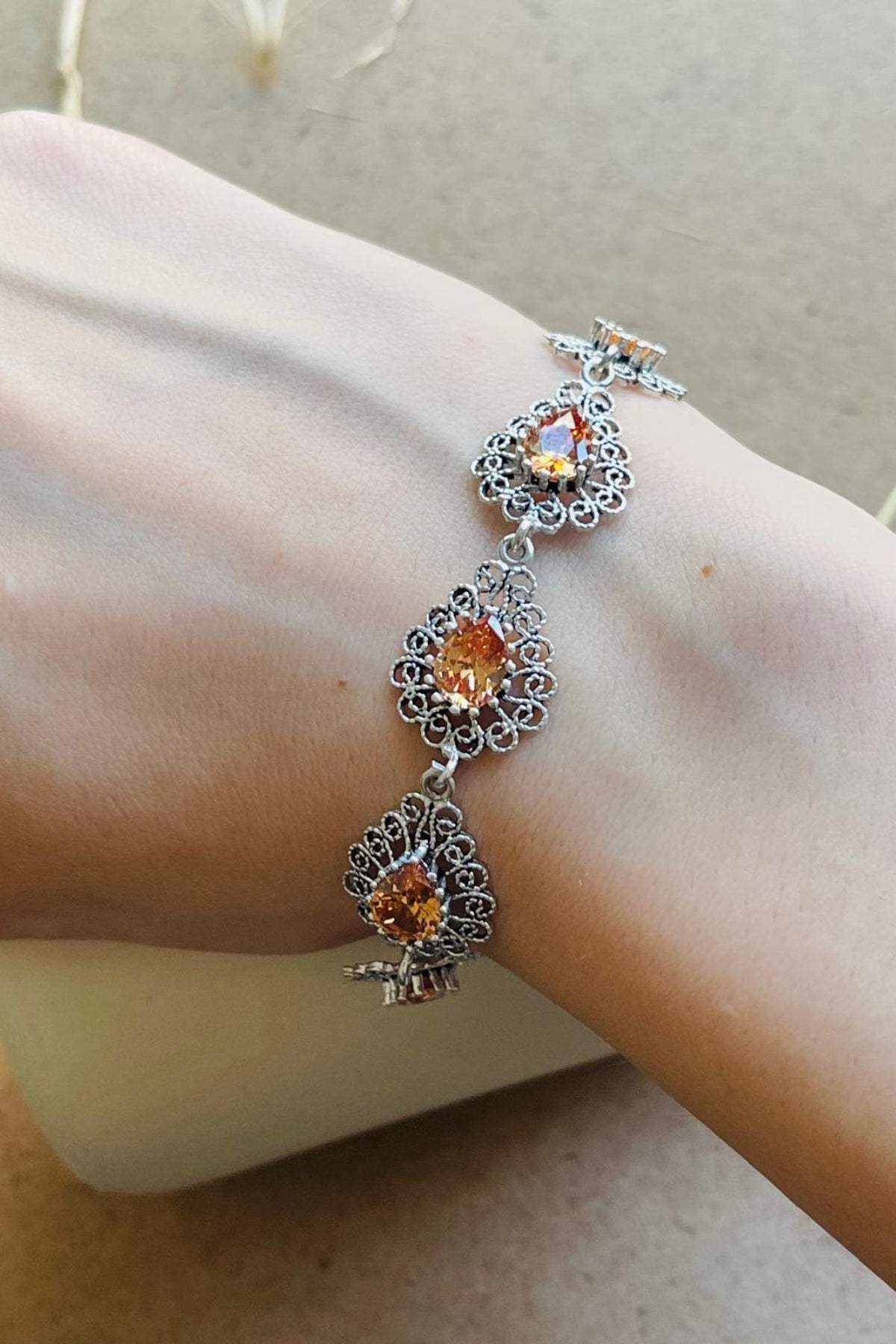 Brooke Seven-Stone Filigree Silver Bracelet - Yellow Rhinestone
