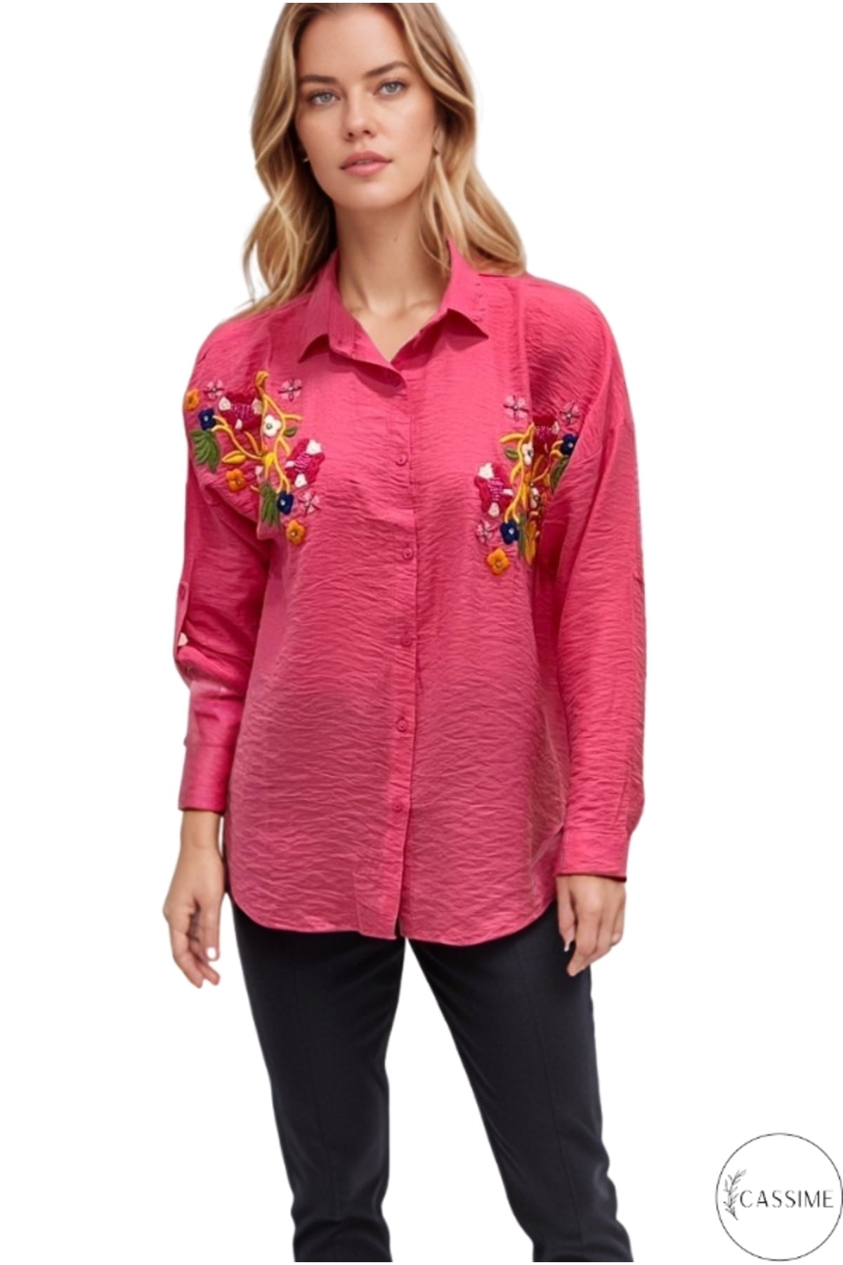 Claire Women's Floral Embellished Button-Up Shirt - Fuchsia Floral Embroidery