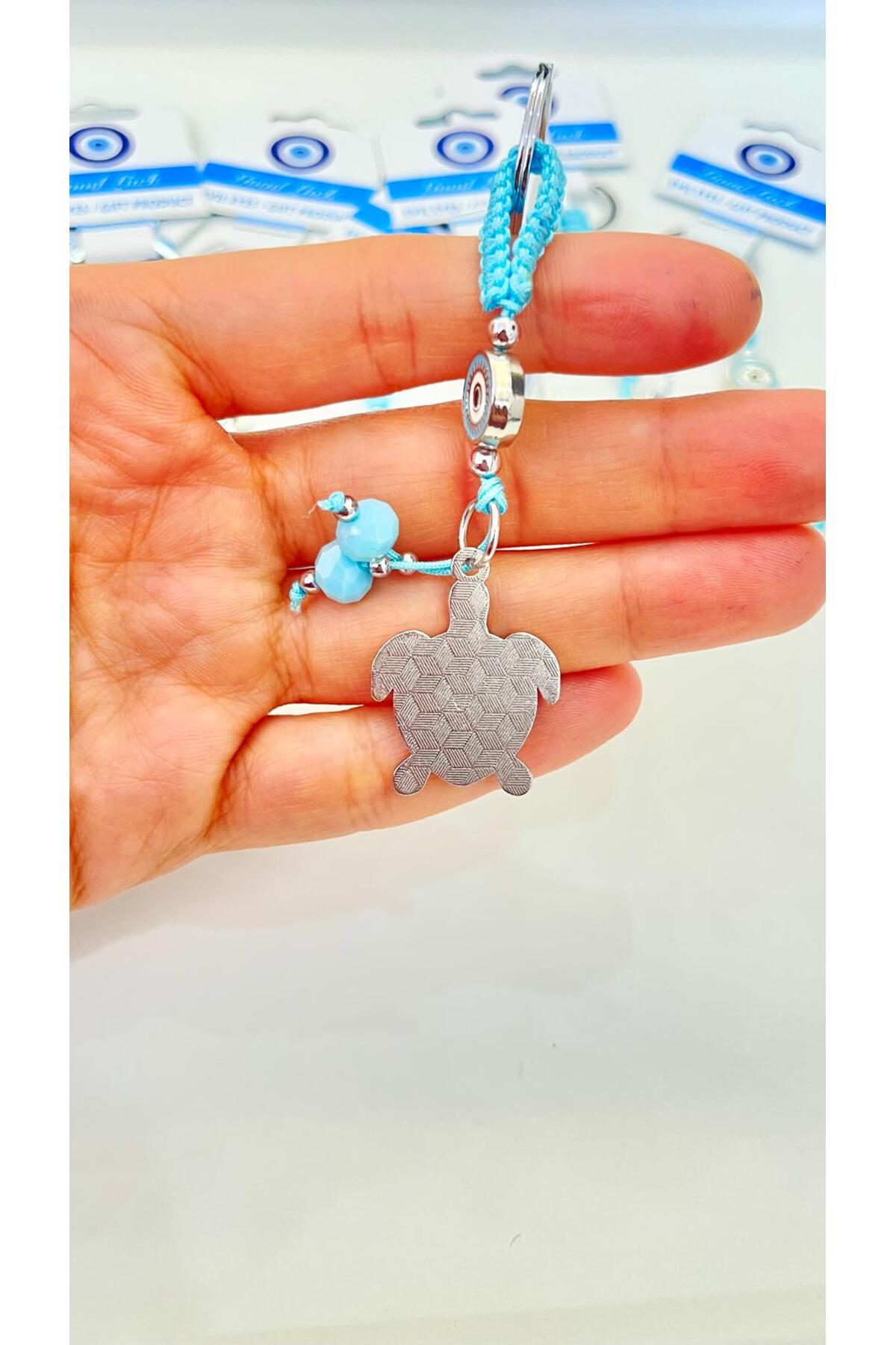Abigail Silver-Plated Evil Eye Keychain - Light Blue Turtle