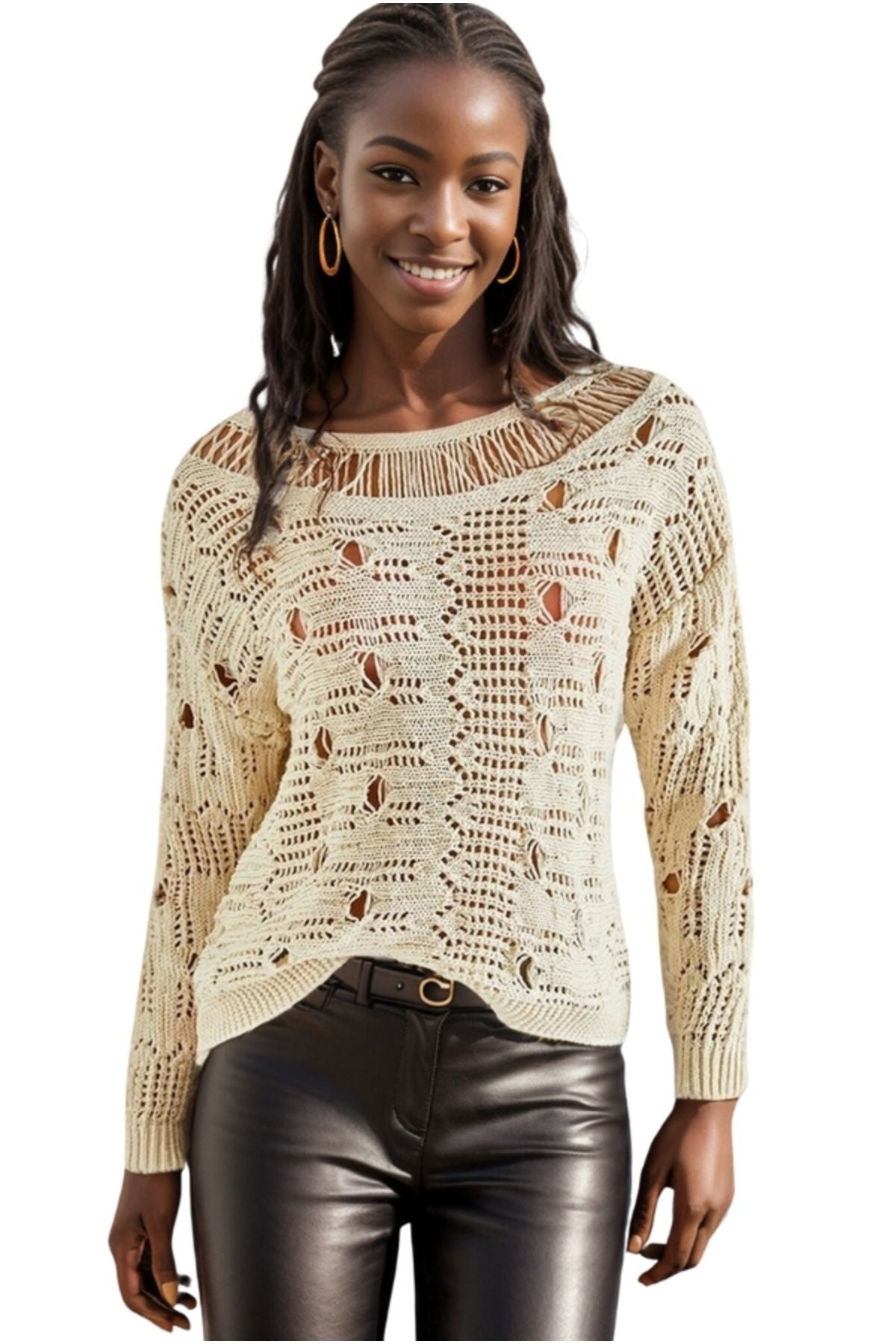 Annabelle Women's Openwork Knit Sweater - Beige
