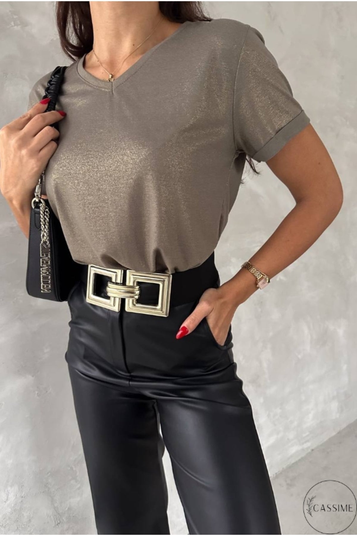 Jessica Women's Cotton Metallic V-Neck T-Shirt - Gold Metallic