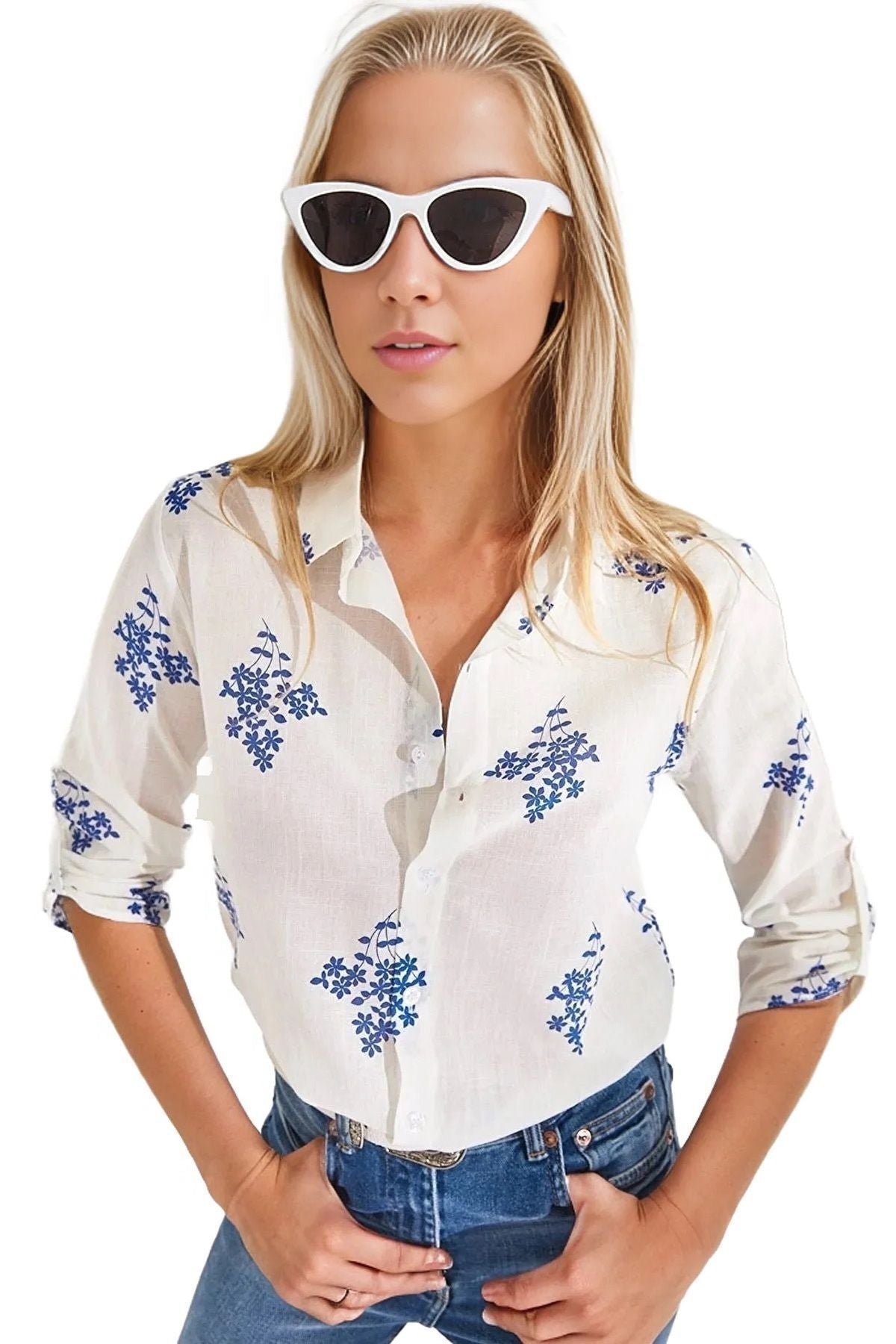 Robyn Women's Cotton Blend Roll-Sleeve Button-Up Shirt - Navy Floral