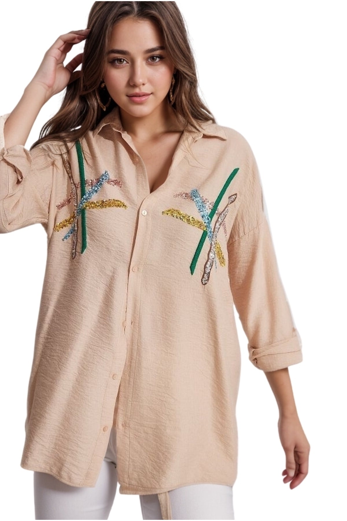 Natasha Women's Embroidered Oversized Shirt - Beige Stripe Print