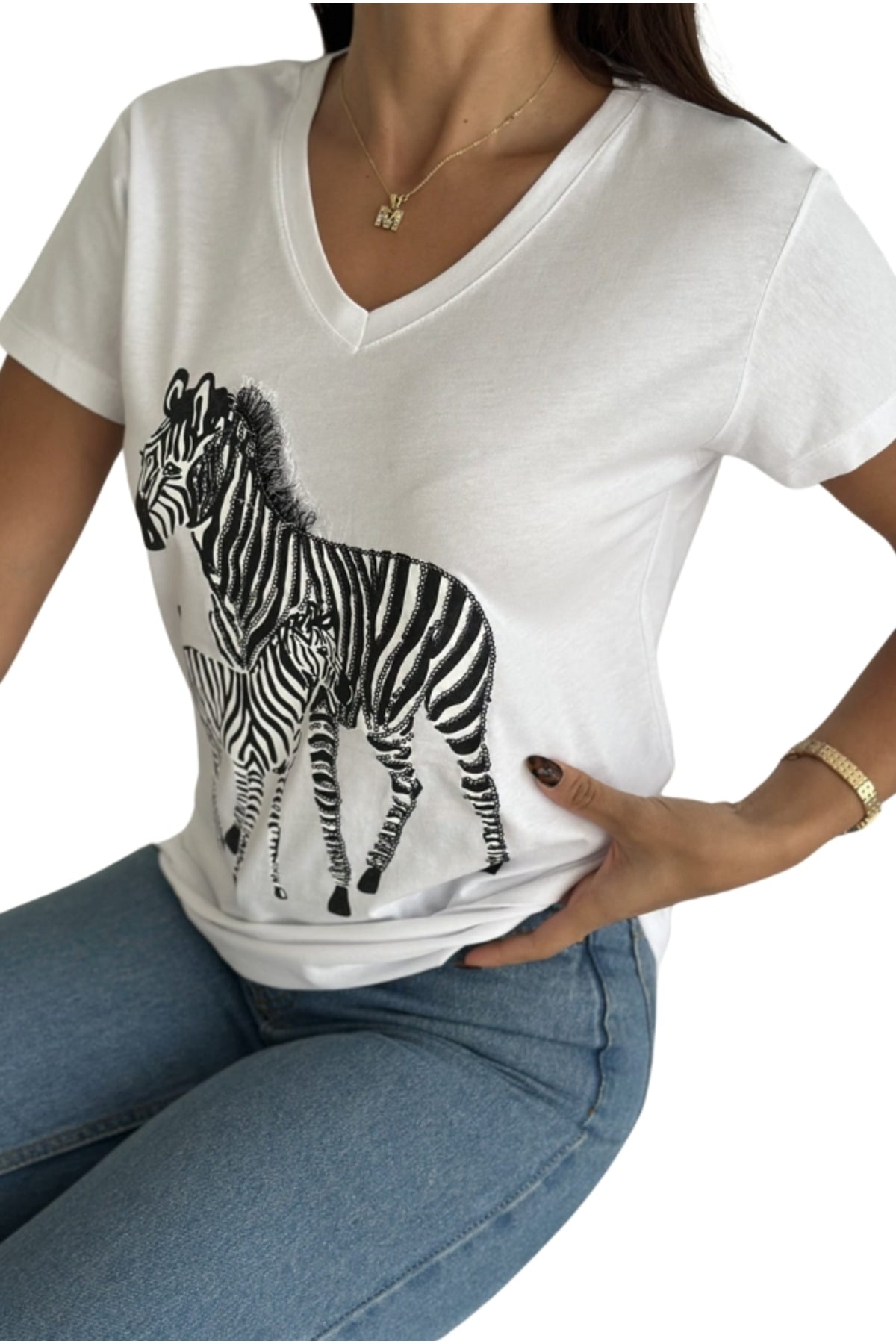 Olivia Women's Cotton Plus Size Embellished V-Neck T-Shirt - White Zebra Print