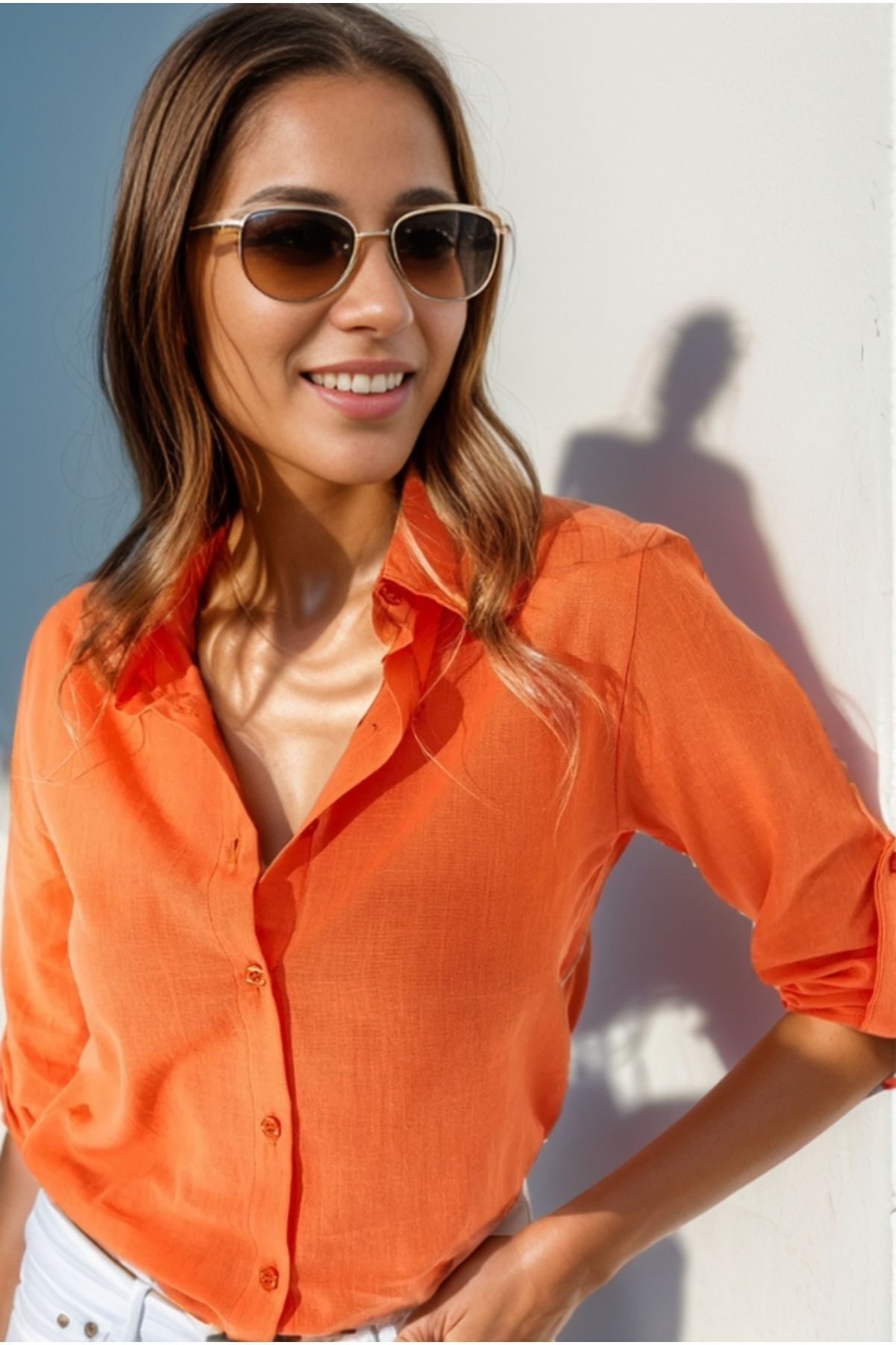 Robyn Women's Cotton Blend Roll-Sleeve Button-Up Shirt - Orange