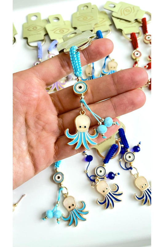 Ivy Gold-Plated Evil Eye Keychain - Light Blue Octopus Design