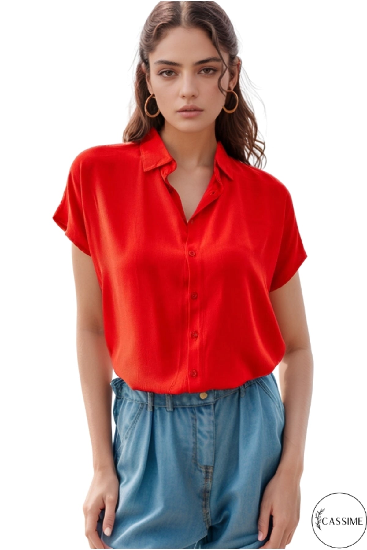 Esme Women's Short Sleeve Batwing Shirt - Solid Red