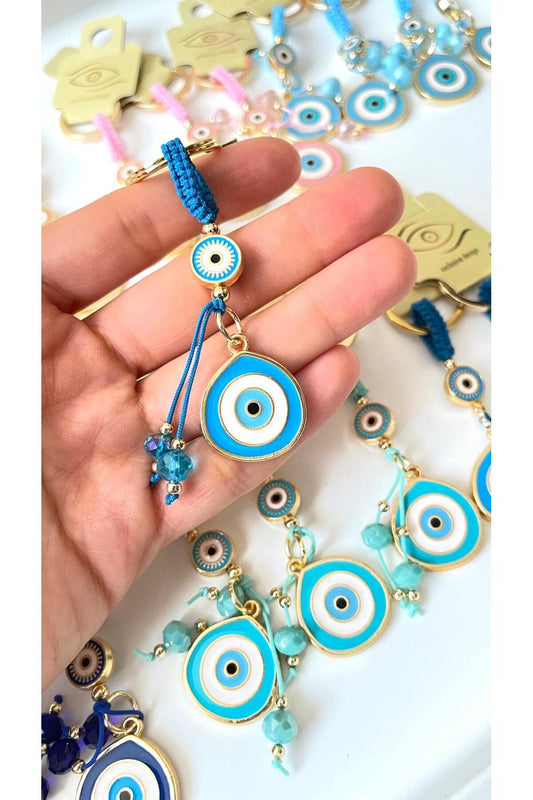 Brianna Gold-Plated Evil Eye Bead Keychain - Blue and Turquoise Evil Eye Bead