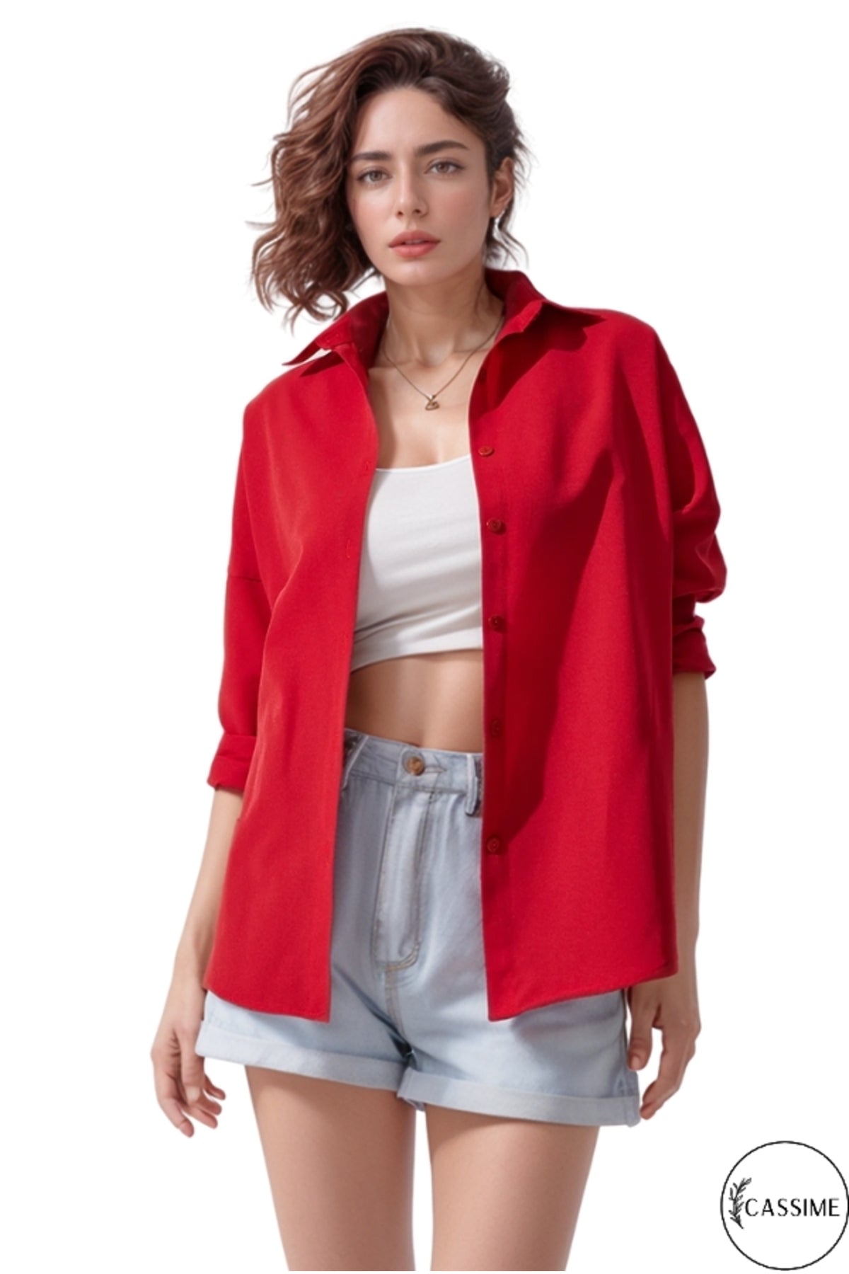 Melissa Women's Cotton Blend Oversized Longline Shirt - Red