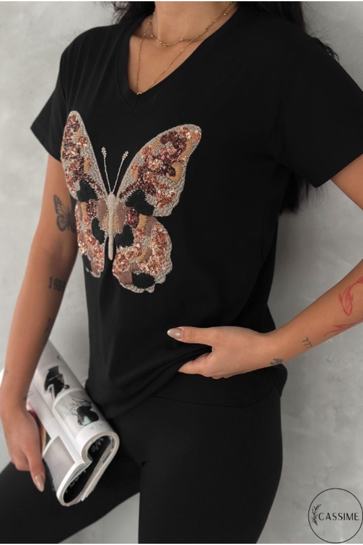 Olivia Women's Cotton Plus Size Embellished V-Neck T-Shirt - Black with Butterfly Embroidery