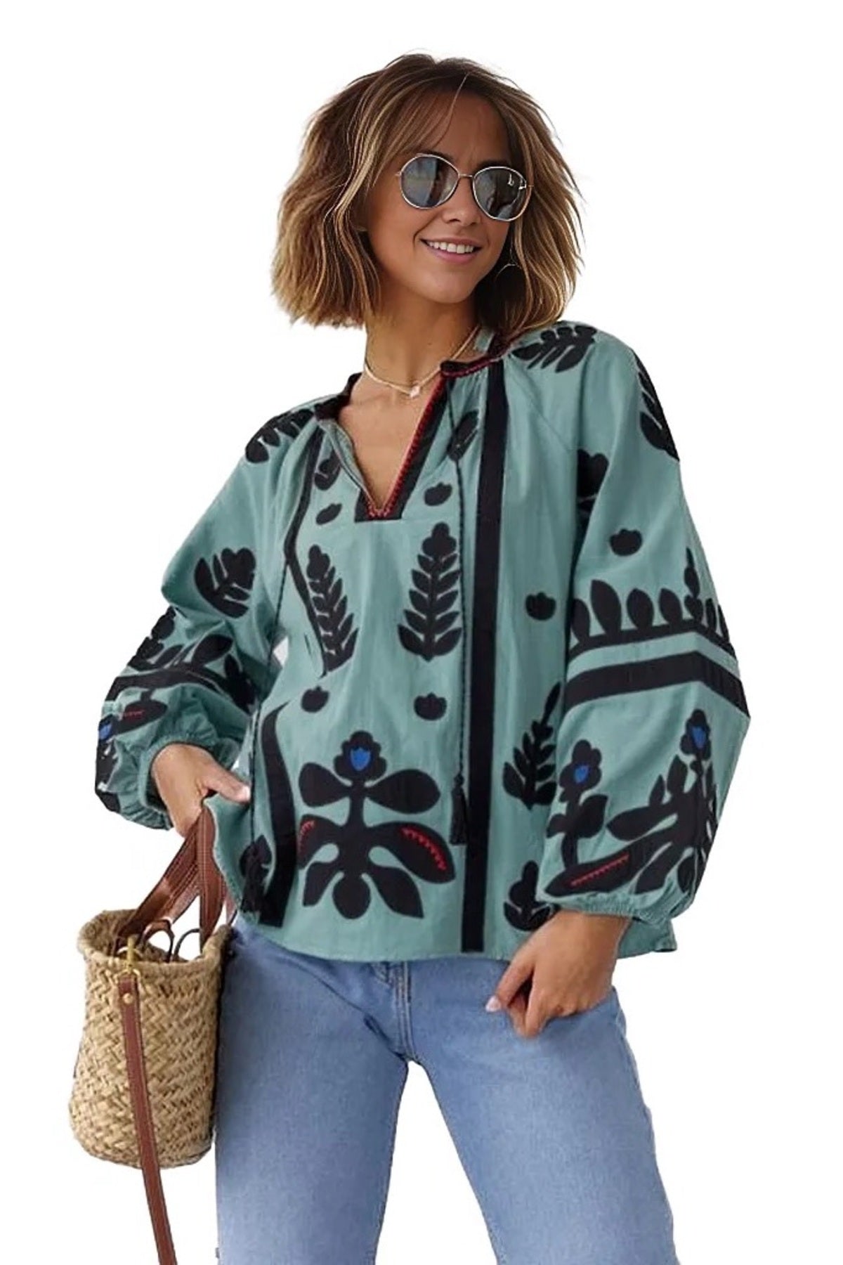 Paige Women's Cotton Embroidered Long Sleeve Woven Blouse - White with Mint and Black Embroidery