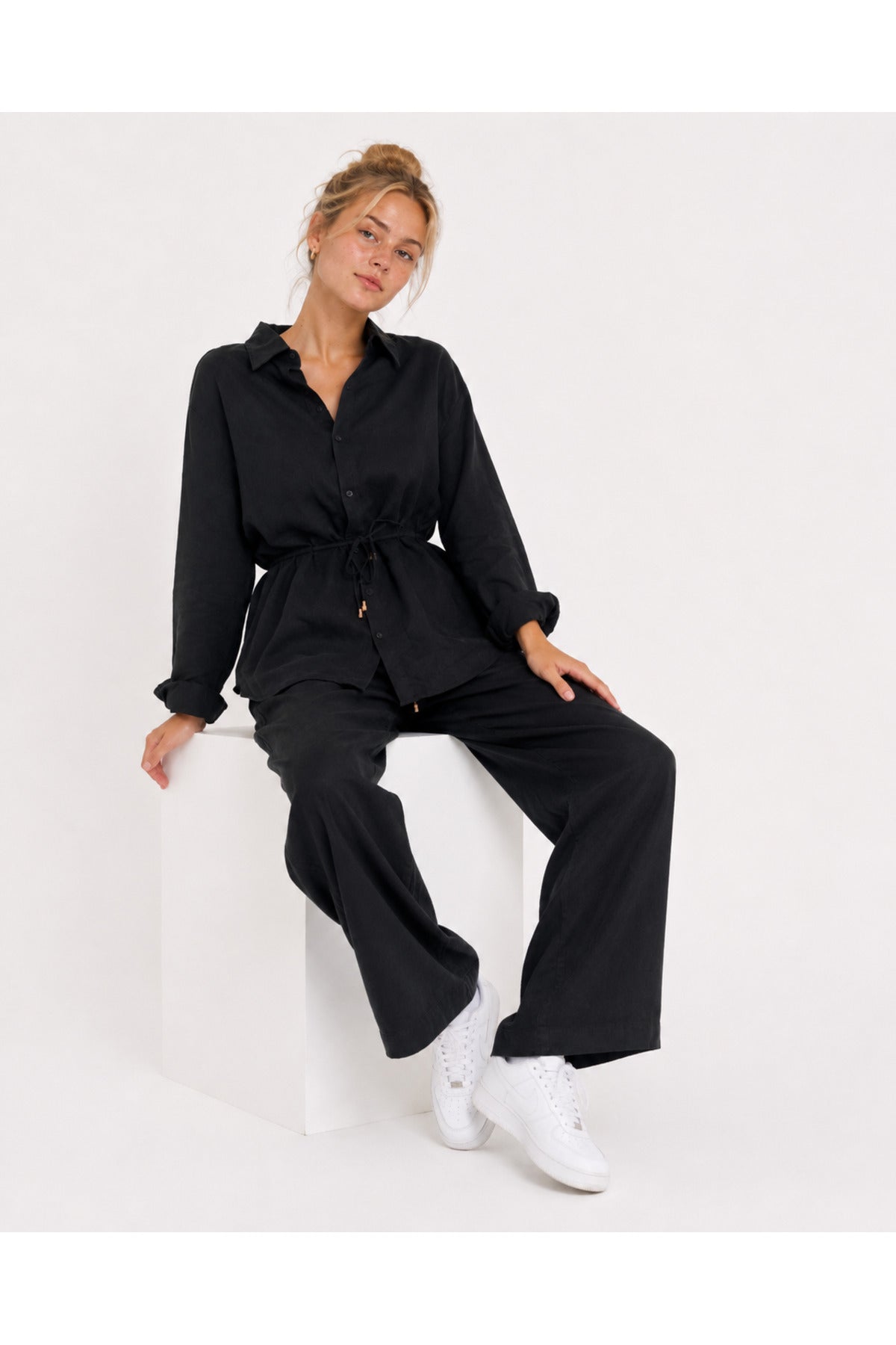 Grace Women's Oversized Muslin Shirt and Pants Set - Black