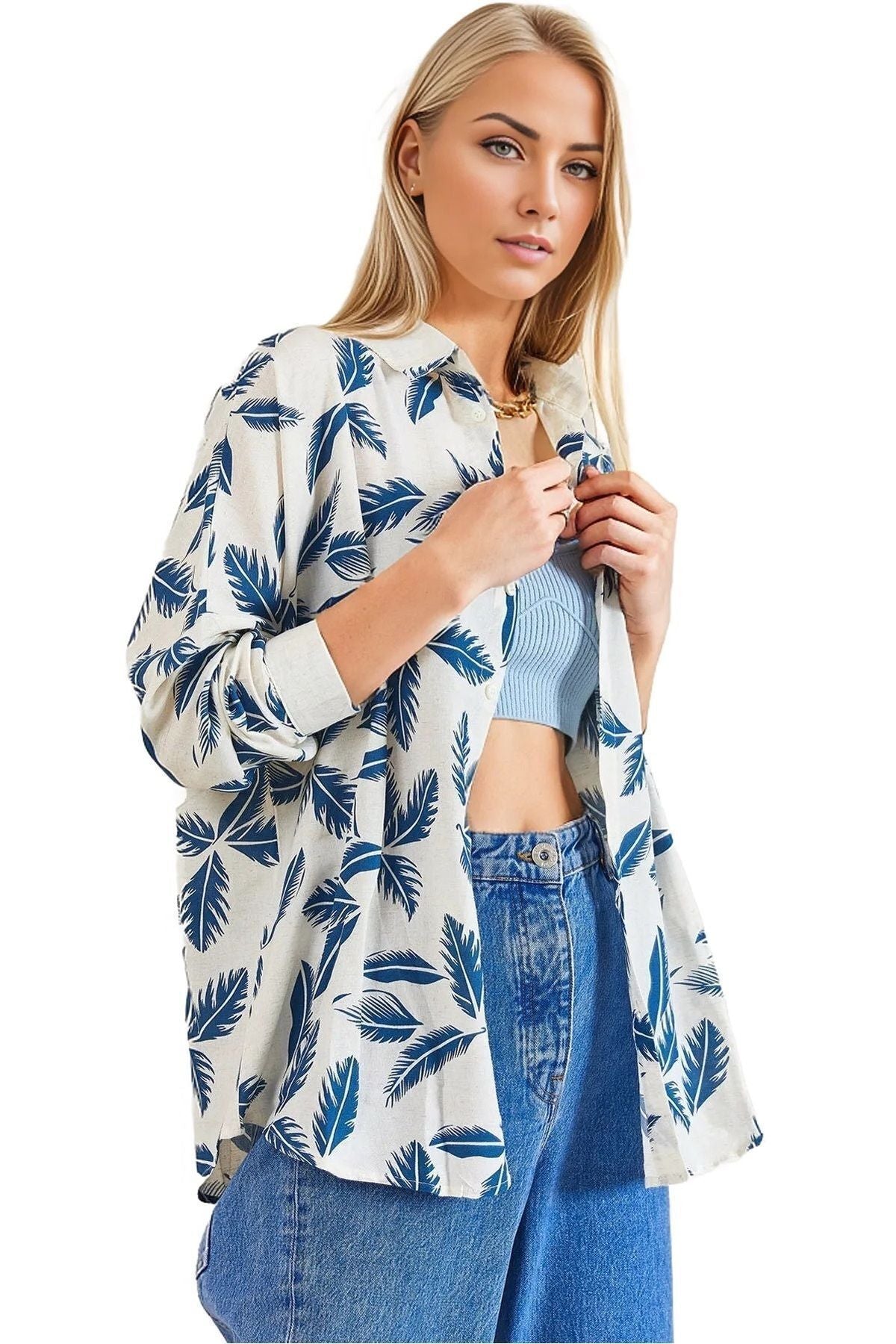Amelia Women's Viscose Long Sleeve Button-Up Shirt - Blue Leaf Print