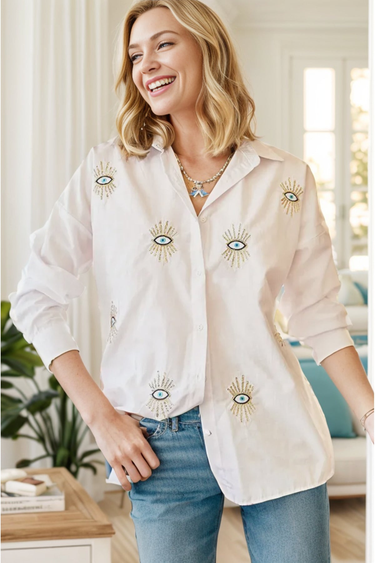 Delilah Women's Cotton Oversized Embellished Long Sleeve Shirt - White