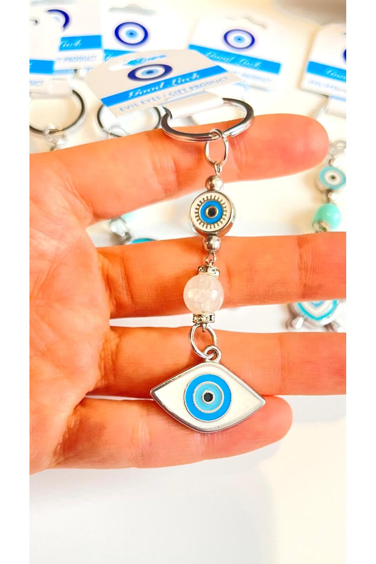 Abigail Silver-Plated Evil Eye Keychain - White Oval Evil Eye Metal