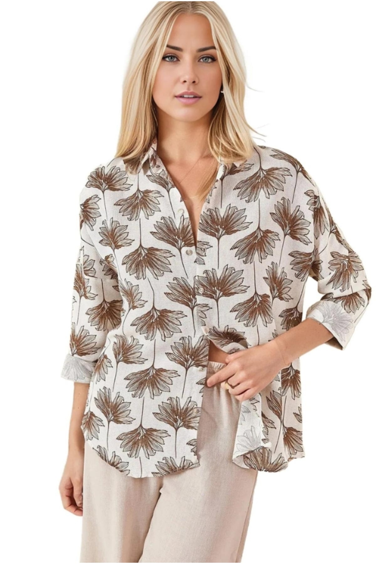 Emilia Women's Linen-Viscose Blend Oversized Printed Shirt - Brown Ginkgo