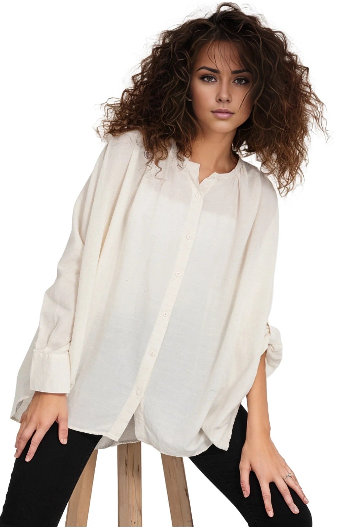 Bridget Women's Cotton Oversized Roll-Sleeve Shirt - Cream