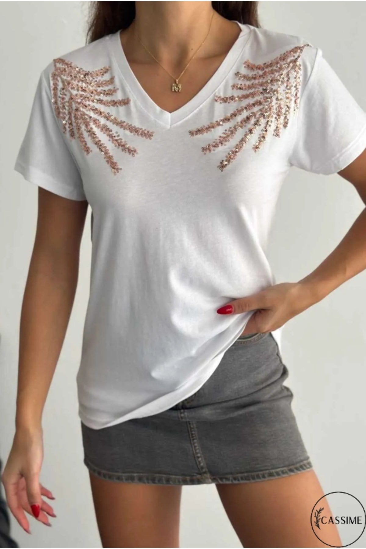 Olivia Women's Cotton Plus Size Embellished V-Neck T-Shirt - White with Palm Tree Embroidery