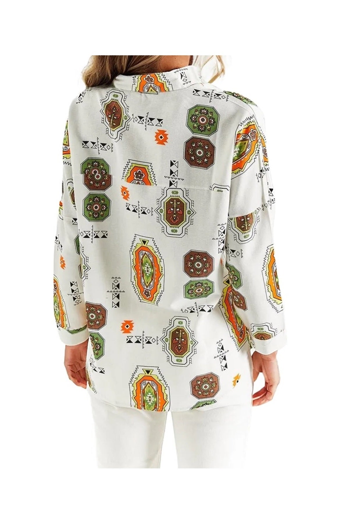 Emilia Women's Linen-Viscose Blend Oversized Printed Shirt - Brown Boho Print