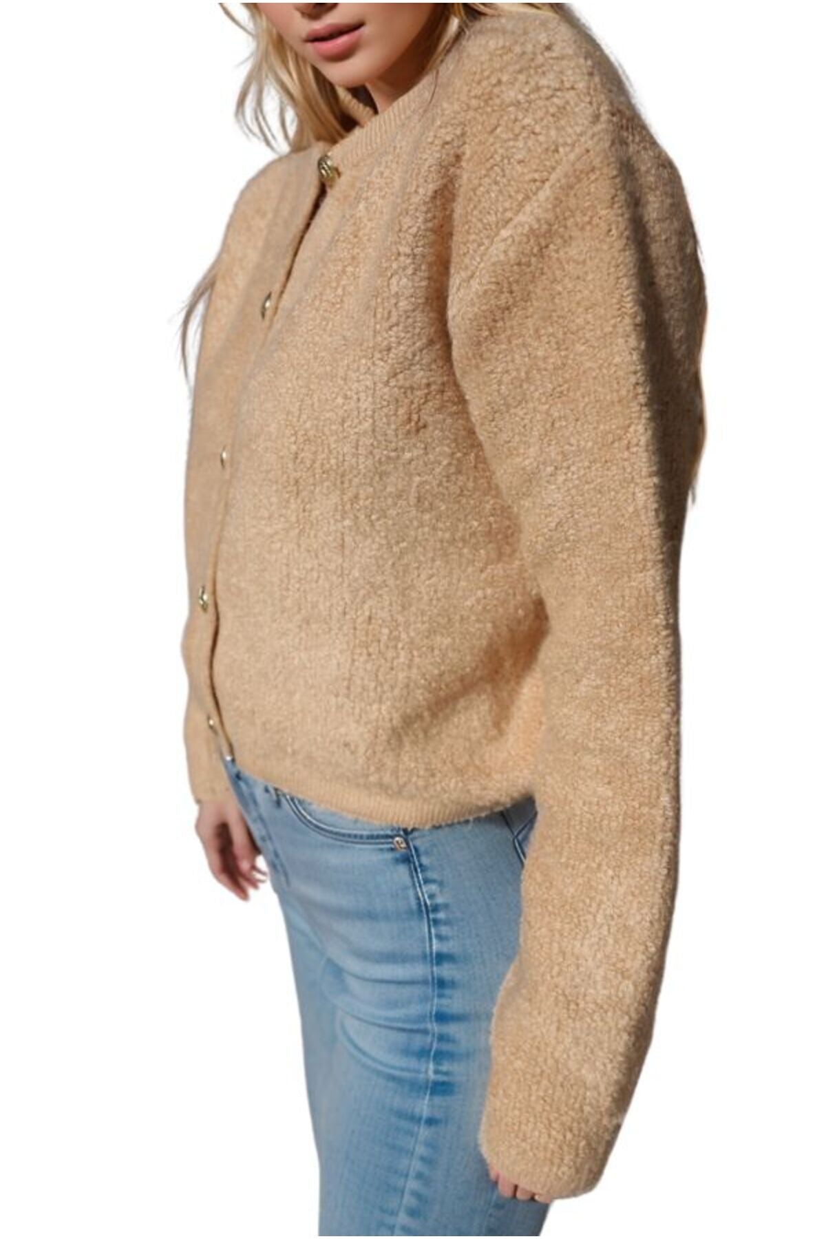 Kayla Women's Gold-Tone Button Teddy Cardigan - Beige