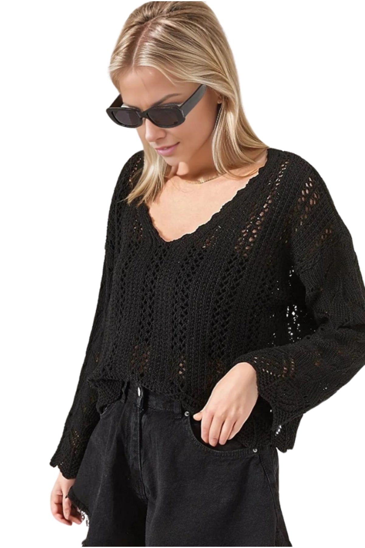 Helena Women's Openwork Knit Blouse - Black