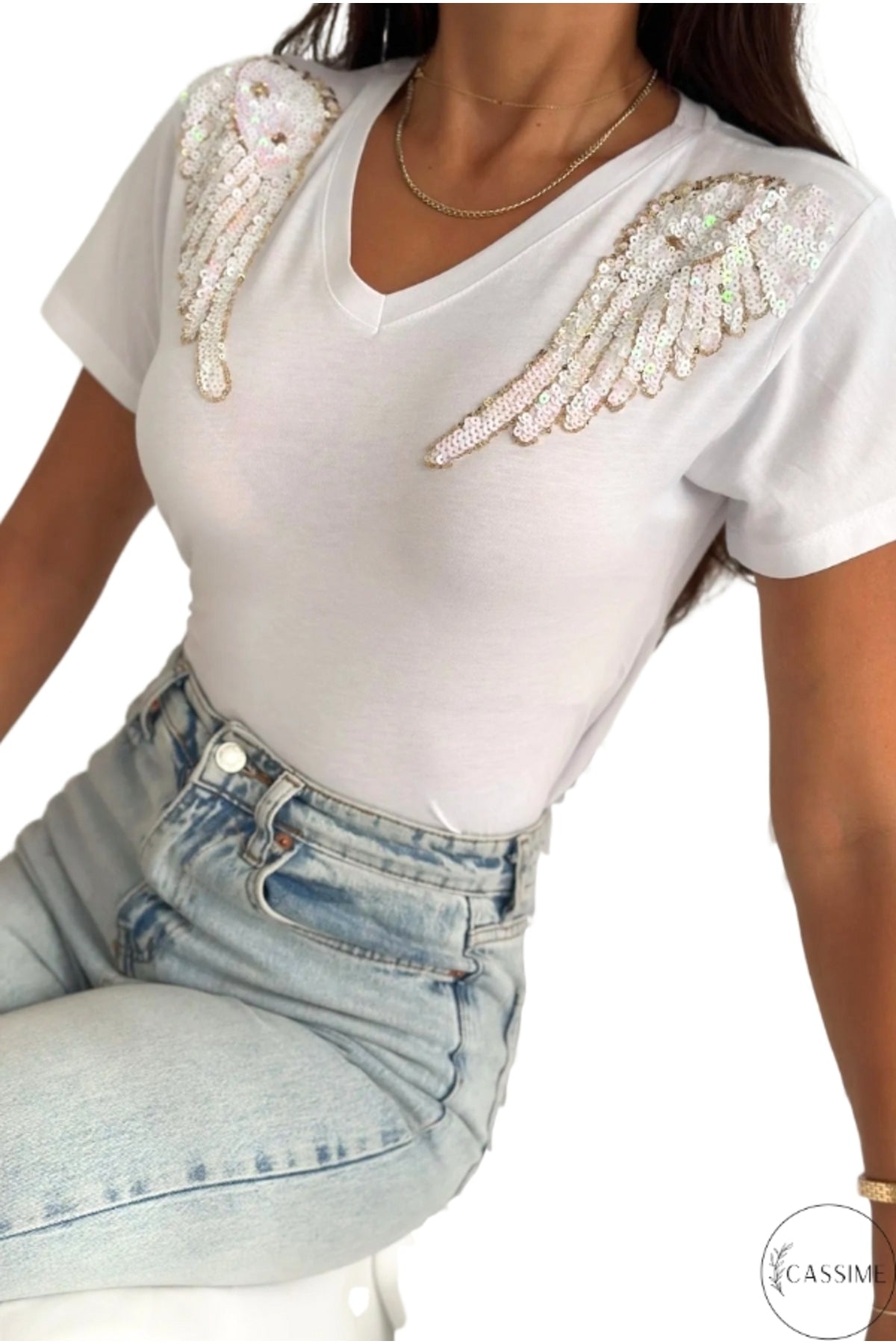 Sophie Women's Cotton Embellished V-Neck T-Shirt - White Angel Wing Design