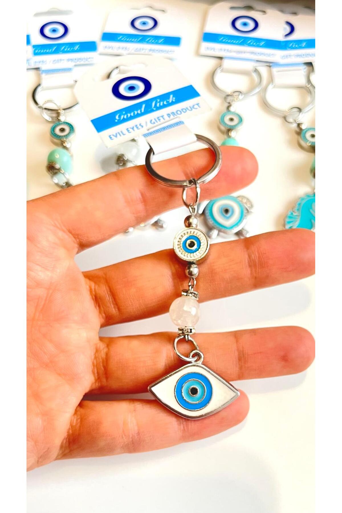 Abigail Silver-Plated Evil Eye Keychain - White Oval Evil Eye Metal
